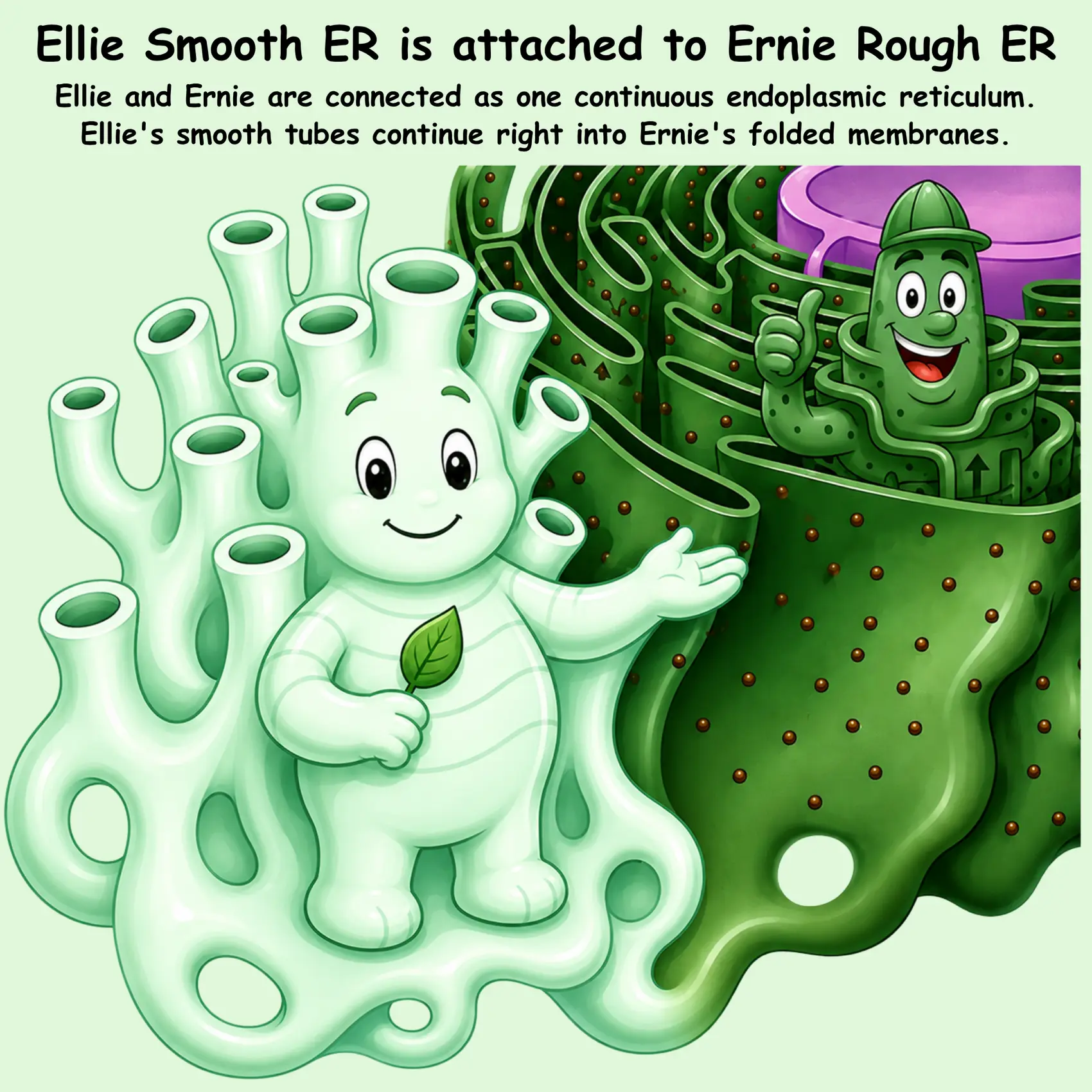 Ellie Smooth ER is attached to Ernie Rough ER as one continuous endoplasmic reticulum