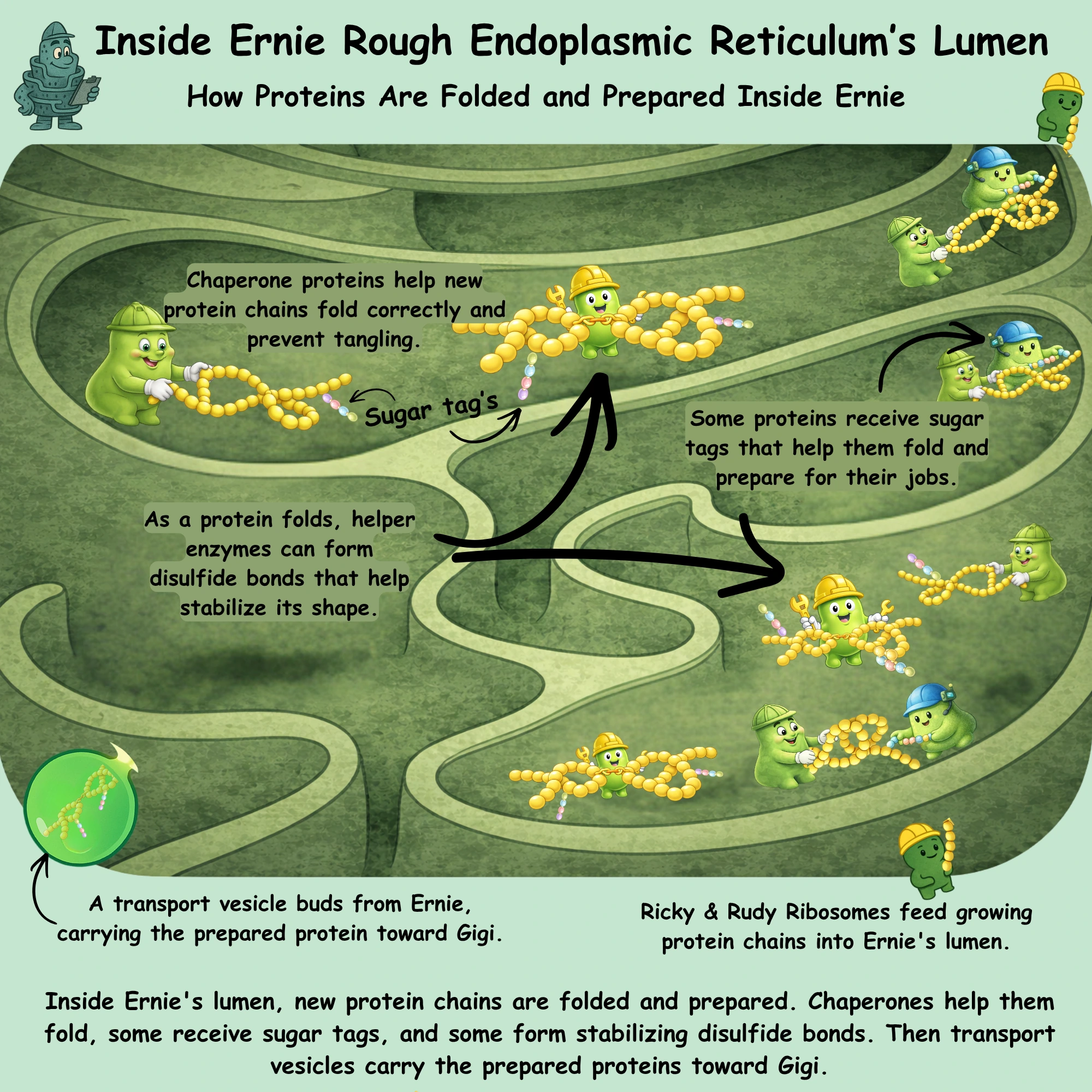 Inside Ernie Rough Endoplasmic Reticulum's lumen — how proteins are made and finished