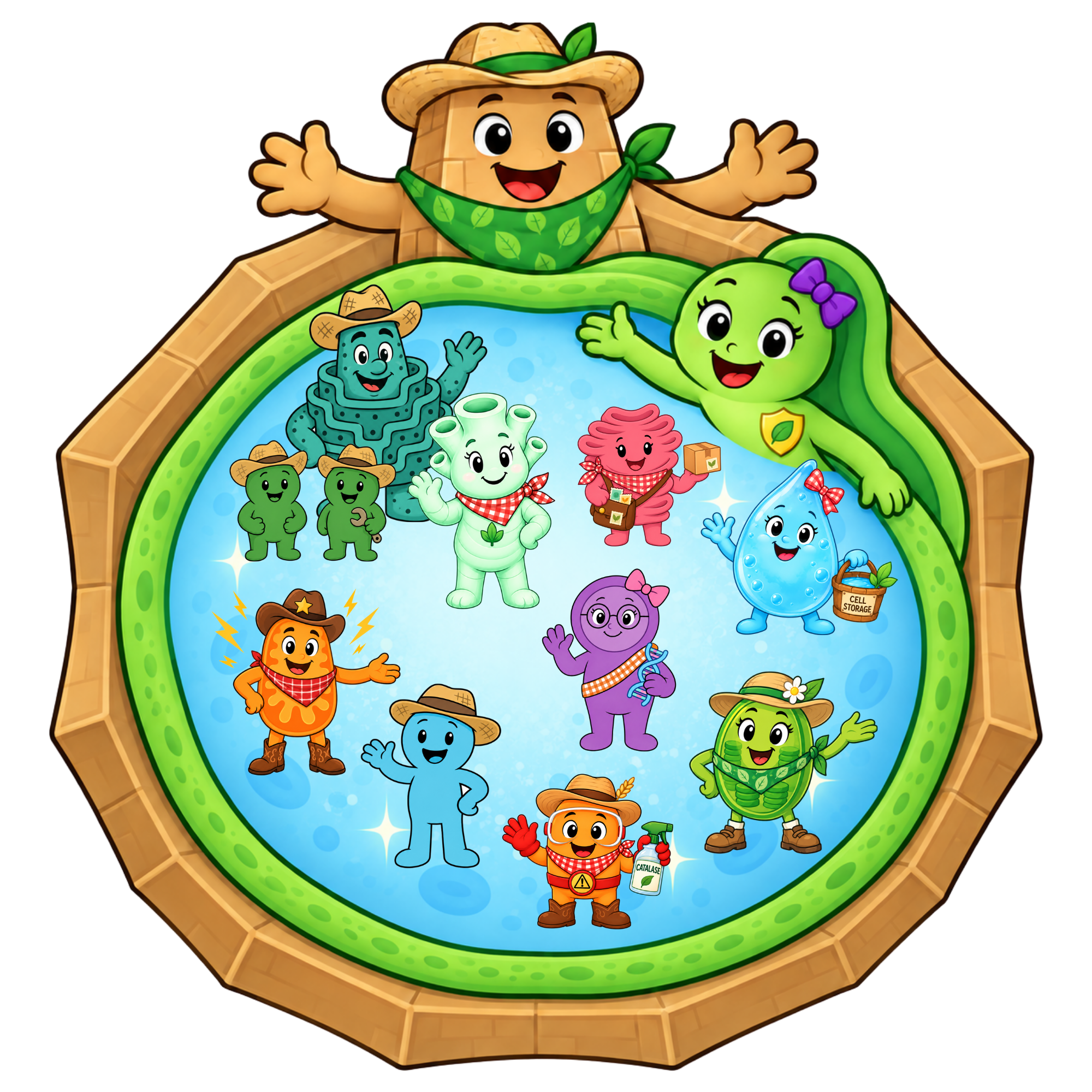 The Celltown Cousins representing organelles and other structures inside a plant cell